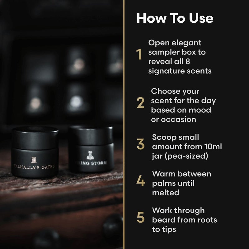 ذا بيرد سترجل مجموعة عينات بلسم بيرد سترغل المكونة من 8 برطمانات زجاجية من واريور - بلسم اللحية للرجال، تغليف هدايا فاخر - 8 × 10 غرام / 0.35 أونصة أمريكية. - Image 3